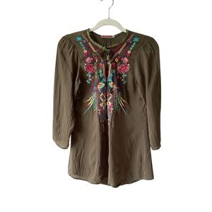 Johnny Was Serendipity Bird & Flower Tunic Top in Rustic Olive Size XS